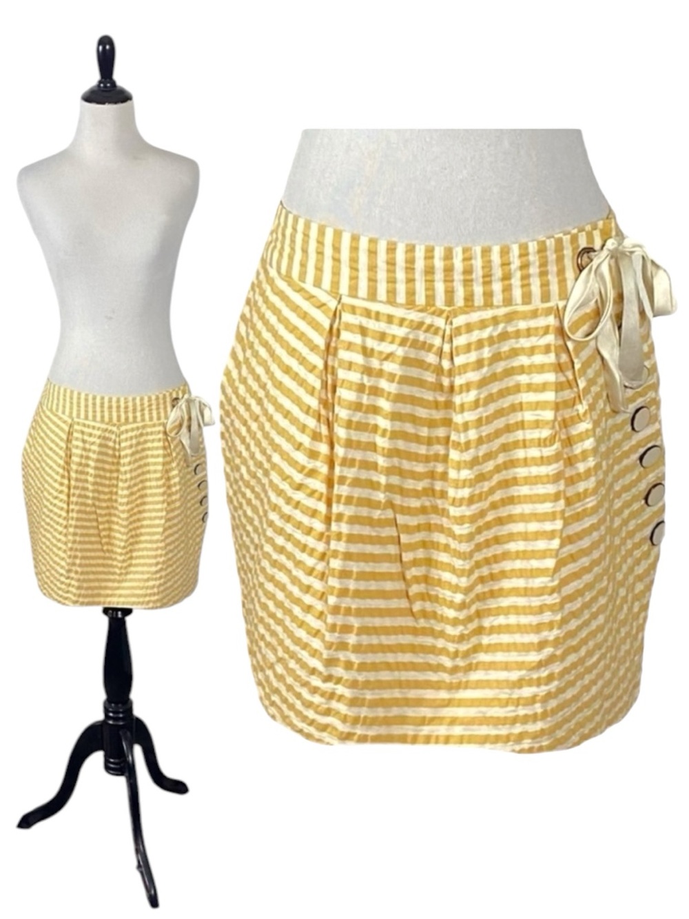 Vintage Y2K Anthropologie Leifsdottir Yellow Seersucker Skirt Size 8 Preppy Bow